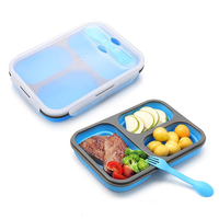 2017 FDA & LFGB Food Grade Kitchen Silicone Rubber Foldable Lunch Box with 3 Compartments And Cutlery